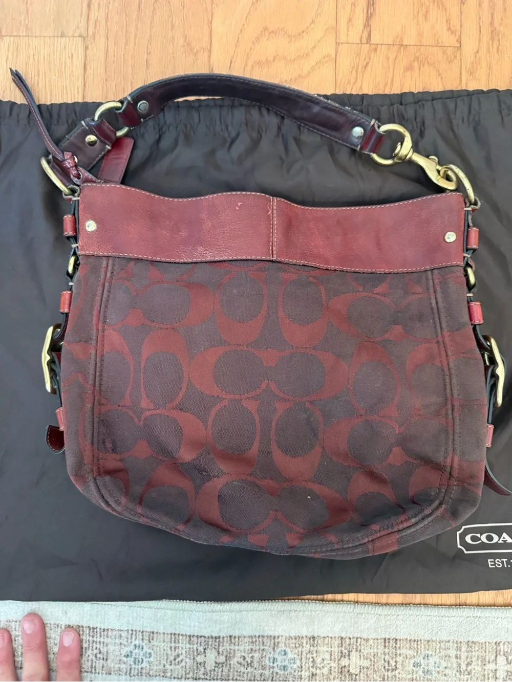 COACH Zoe Signature Burgundy Signature Canvas Shoulder Bag with Leather Trim
